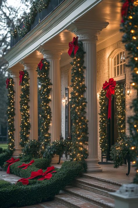 18 Creative Outdoor Christmas Decor Ideas For 2024 29 Outside Patio Christmas Decor, Colonial Outdoor Christmas Decor, Christmas Lights Wrapped Around Pillars, Carport Christmas Decor, Outside Arch Christmas Decor, Christmas Garland Outdoor Pillars, Christmas Decorations Columns, Christmas Lights Columns, Christmas Outdoors Ideas