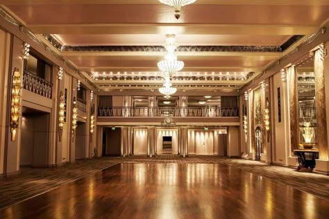 The Ballroom and Silver Gallery at the Sheraton Grand London Park Lane located in London, UK. The architects Higgs and Hill were famous for many innovative buildings of the modern movement and here even the ballroom floor was conceived by a scientific process. The glamorous hotel became one the most popular in London within a year of opening in 1927. On entering the gallery walls are covered with Italian silver leaf, with handpainted Art Moderne murals either side of chrome double balustrades, Nyc Engagement Shoot, Ballroom Floor, Ballroom Aesthetic, Scientific Process, Hollywood Tower Hotel, Dreamscape Architecture, Dream House Aesthetic, Hotel Ballroom, Nyc Engagement