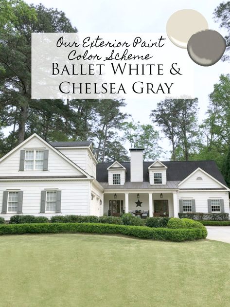 Ballet White Exterior Paint, Bm Ballet White Exterior, Shutter Color For Cream House, Best Benjamin Moore Exterior Colors, Benjamin Moore Outdoor Paint Colors, Benjamin Moore Soft Chamois Exterior, Benjamin Moore Ballet White Exterior, Chelsea Gray Exterior House, Benjamin Moore Chelsea Gray Exterior