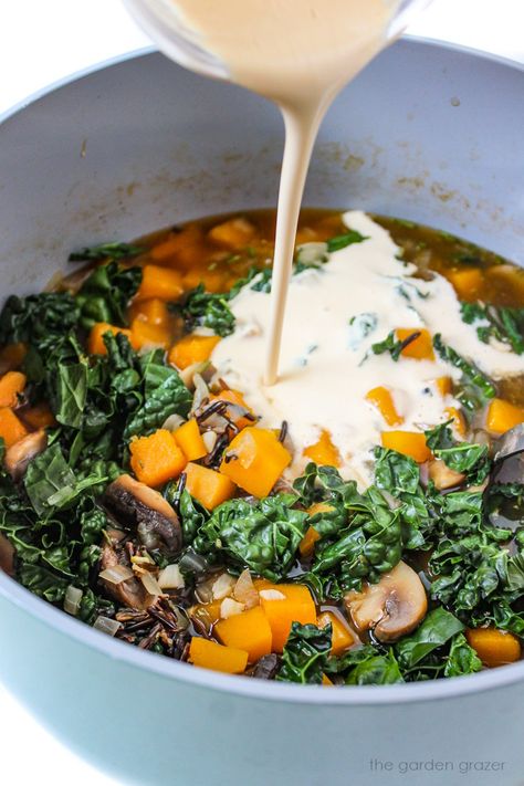 Creamy Butternut Squash and Wild Rice Soup (Vegan!) - The Garden Grazer Gluten Free Wild Rice, Butternut Squash And Wild Rice, Rice And Butternut Squash, Rice Soup Vegan, Butternut Squash Rice, Garden Grazer, Creamy Butternut Squash, Soup Vegan, Vegan Soup Recipes