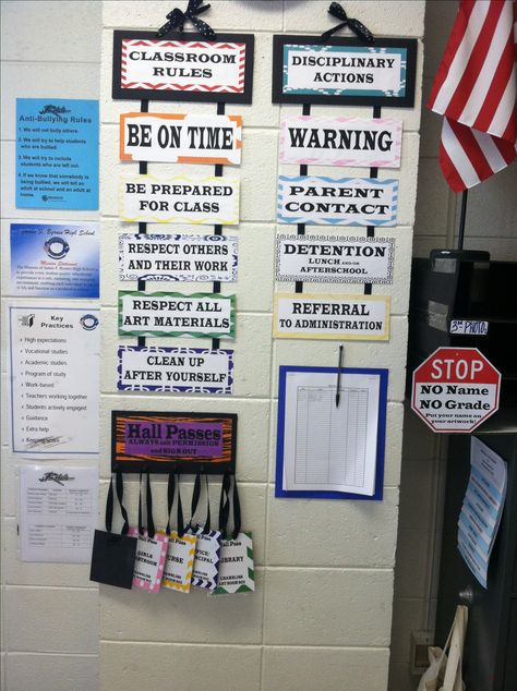 Rules, discipline, and hall passes display in my high school art room! School Art Room, High School Art Room, Peraturan Kelas, Room Rules, Classroom Decor Middle, Classroom Decor High School, Secondary Classroom, Middle School Language Arts, Whole Brain Teaching