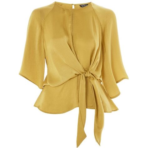 Topshop Petite Hammered Satin Knot Top (12 KWD) ❤ liked on Polyvore featuring tops, blouses, mustard, petite blouses, satin top, beige blouse, mustard top and knot blouse Satin Top Design, Long Sleeve Blouse Outfit, Classy Tops, Satin Tops, Knot Front Top, Knotted Top, Knot Top, Petite Blouses, Chic Blouses