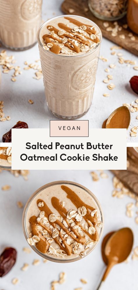 Deliciously creamy peanut butter oatmeal cookie shake made with no banana in just 10 minutes! This healthy, vegan oatmeal cookie shake is naturally sweetened with Medjool dates and packs in sneaky veggies from cauliflower. Options to add your favorite protein powder and other delicious mix-ins. #oatmeal #peanutbutter #smoothie #shake #breakfast #vegan #dairyfree #glutenfree #healthysnack #cauliflower Peanutbutter Smoothie, Healthy Vegan Oatmeal, Oatmeal Shake, Sneaky Veggies, Vegan Oatmeal Cookies, Vegan Peanut Butter Cookies, Healthy Oatmeal Cookies, Sweet Smoothies, Breakfast Vegan