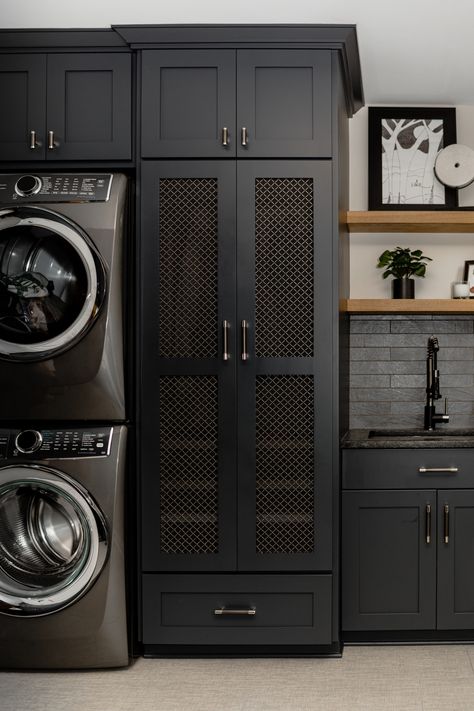 Woodcrest Drive - Transitional - Laundry Room - Minneapolis - by Oak & Arrow Homes | Houzz Mudroom Laundry Room Closet Ideas, 6x10 Laundry Room, Laundry Room New Build, Restoration Hardware Laundry Room, Tricorn Black Laundry Room, Laundry Room Top Load Washer, Refrigerator In Laundry Room, Laundry Room With Exterior Door, Dark Cabinets Laundry Room