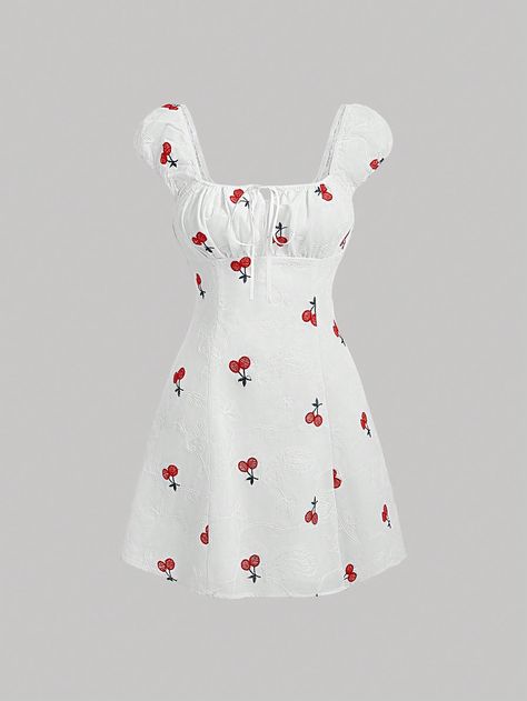 Red Casual,Boho Collar Cap Sleeve Woven Fabric Floral,Fruit&Vegetable A Line Embellished Non-Stretch  Women Clothing Red Cherry Dress, Cherry Outfit Ideas, Summer Work Dresses, Cherry Embroidery, Sleepwear Fashion, Cute Dress Outfits, Red Bodycon Dress, Cherry Dress, Dress Aesthetic