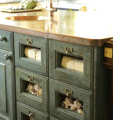 Glass Front Drawers In Kitchen, Apothecary Kitchen Island, Big House Kitchen, Glass Front Kitchen Cabinets, Kitchen Extras, Antique Kitchen Island, Kitchen Island With Drawers, Linen Room, Front Kitchen