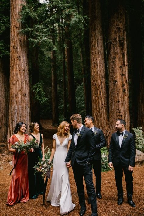 California Redwood Wedding Wedding Party Mersadi Olson Photography Redwood Wedding California, Redwood Forest Wedding, Sleeved Gown, Redwood Wedding, Forest Theme Wedding, Bhldn Wedding, Kauai Wedding, Woodsy Wedding, Redwood Forest