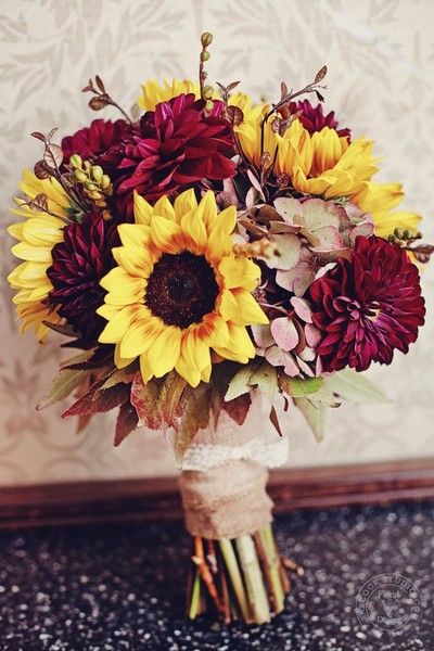 Bouquets on WeddingWire Sunflower Wedding Bouquet, Rustic Wedding Decorations, Maroon Wedding, Autumn Bride, Boda Mexicana, Cemetery Flowers, Sunflower Bouquets, Fall Wedding Bouquets, Friends Wedding