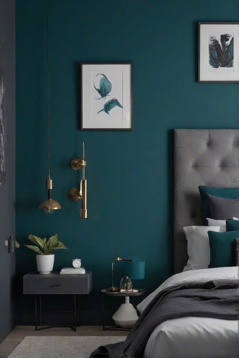 dark teal wall paint, bedroom decor, trendy decor option, interior design	Color	match paint, wall painting, interior decor, space planning Teal Colour Bedroom Ideas, Dark Teal And Gray Bedroom, Teal Bedroom Wall Ideas, Teal Wall Paint Ideas, Teal Wall Paint Colors, Dark Teal Walls Bedroom, Dark Wall Color Ideas, Dark Room Color Ideas, Dark Teal Wallpaper Aesthetic