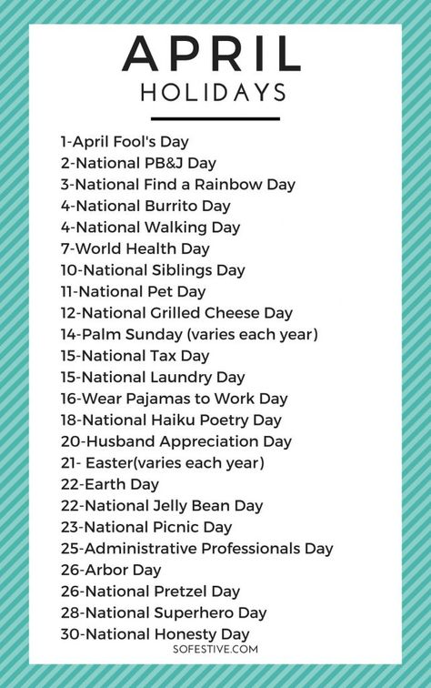 Here's a complete list of all the April holidays that are fun and random. Easy ways to celebrate fun holidays in April. National Tax Day, April Holidays, National Holiday Calendar, Silly Holidays, Monthly Celebration, April Activities, National Sibling Day, Fun Holidays, National Day Calendar