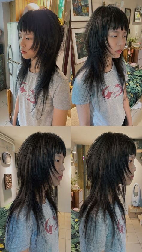 Japanese Alt Hair, Vkei Hair Styles, Emo Layers Haircut, Mullet Outfit Women, Cute Alt Haircuts, Alternative Long Haircut, Short Hair And Dress, Haircuts With No Bangs, Half Short Half Long Haircut