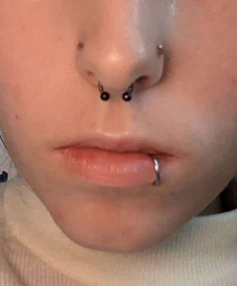 labret, septum & two nose piercings Labret Lateral, Side Labret, Septum Labret, Two Nose Piercings, Septum Nostril, Track Star, Piercing Inspo, Piercing Septum, Nose Piercings