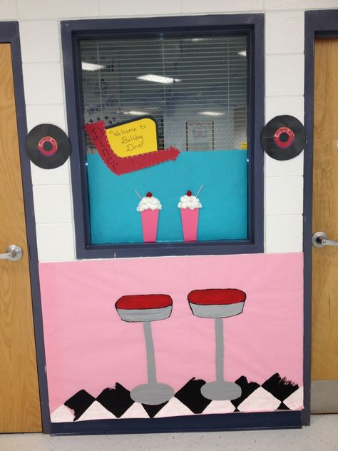 50s Theme Classroom Door, 1950s Classroom, Teacher Door Decorations, 50s Theme, Auction Themes, 50s Theme Parties, 50s Decor, Cafe Theme, Sock Hop Party