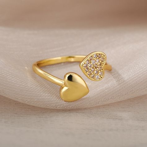 The heart symbol is widely recognized not only as a symbol of love but of compassion, joy, and charity. size US 7, adjustable * free of lead, nickel, and cadmium Women Gold Ring, Coquette Jewelry, Unique Ring Designs, Heart Shaped Ring, Double Heart Ring, Heart Symbol, Vintage Style Rings, Boho Chic Jewelry, Heart Shaped Rings