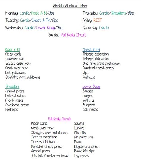 Weekly Workout Plan Monday: Cardio, Back & Bi, Abs Tuesday: Cardio, Chest & Tri, Abs Wednesday: Cardio, Lower body, Abs Thursday: Cardio, Shoulders, Abs Friday: Rest Saturday: Cardio Sunday: Full body circuit Sunday Workout Gym, Monday To Sunday Workout Plan, Monday Wednesday Friday Workout Plan, Monday Through Friday Workout Plan Gym, Monday Through Friday Workout Plan, Cardio Workout Plan Gym, Full Body Friday Workout, Bi And Tri Workout, Bi Workout