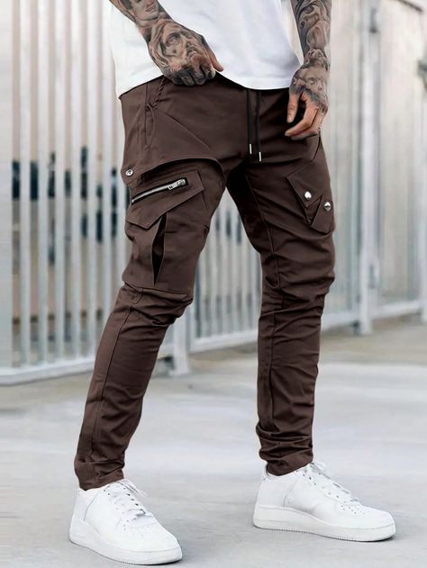 Coffee Brown Casual Collar  Woven Fabric Plain Cargo Pants Embellished Non-Stretch  Men Clothing Pants Embellished, Brown Cargo Pants, Waist Cargo Pants, Pants Male, Men Pants, Pantalon Cargo, Coffee Brown, Cargo Pants Men, Camisa Polo