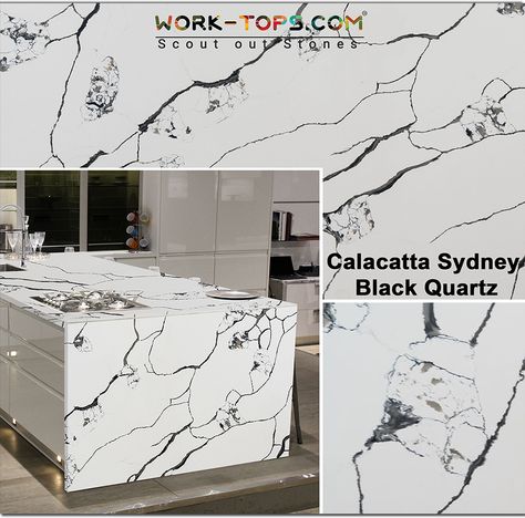 Calacatta Sydney Black Quartz comes with a white background with dark black veins that gives you the majestic look and spreads throughout the Quartz slab. These Quartz stones are the perfect ones for your kitchen. You can pick up these from us at lesser price and Get a free quote now! Hurry Up! Limited Stock only Contact info@work-tops.com or Call us at 0330 113 5868 #CalacattaSydneyBlackQuartz #quartzseries #quartzworktop #quartzcountertop Dark Vein Quartz Countertops, Black And White Marble Countertops, White Kitchen Countertops, Black Veins, White Quartz Counter, Kitchen 2024, Kitchen Finishes, Quartz Kitchen Countertops, Quartz Slab