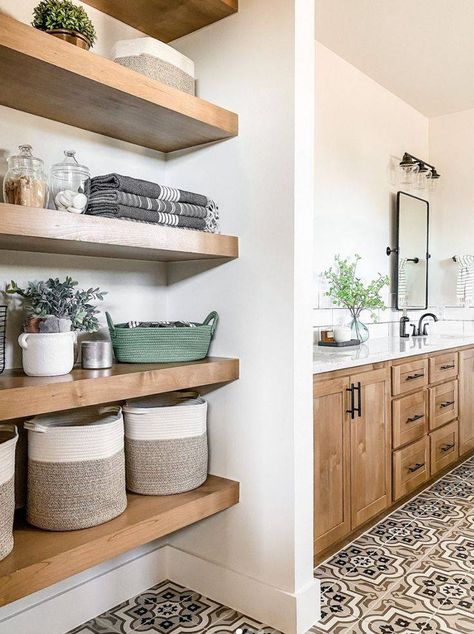 Spruce up your bathroom shelf to make it not only beautiful but also useful! We've rounded up ideas to elevate your bathroom organization. Open Shelves In Bathroom, Open Bathroom Shelving, Open Bathroom, Bathroom Shelf Decor, Bath Redo, Tidy Bathroom, Bathroom Closet, Hall Bathroom, Bath Ideas