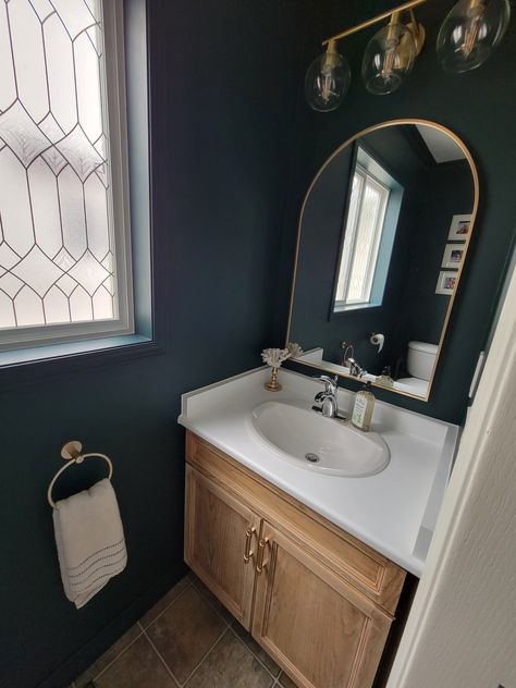 Dark Wall Half Bath, Dark Teal Powder Room, Sw Cascades, Dark Blue Powder Room, Bathroom Wall Color, New Baseboards, Blue Powder Room, Powder Room Remodel, Oak Vanity