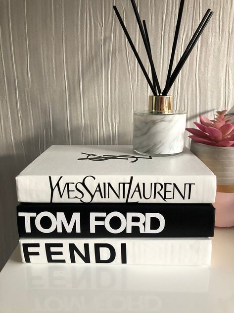 Designer Book Stack in Black and White decor. YSL, Tom Ford, Fendi. Chanel Book Decor, Tom Ford Book, Chanel Book, Dummies Book, Fake Designer, Decor Luxury, Black And White Decor, Bookshelf Decor, Designer Home