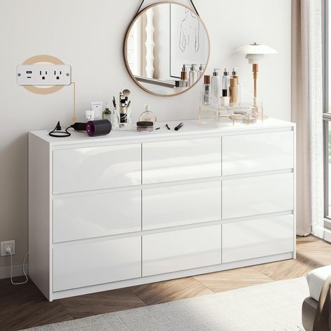 9 Drawer Dresser White, Simple Bedroom Sets Furniture, Long White Dresser Bedroom, Tv Dresser Bedroom, White Dressers Bedroom, Long Dressers Bedroom, Long White Dresser, Aesthetic Dresser, Tv Stand Bedroom