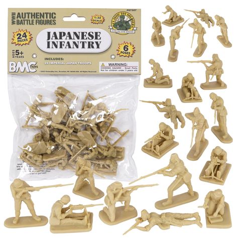 PRICES MAY VARY. BMC Classic Toy Soldiers WW2 Japanese Soldiers Color: Tan Size: Figures stand up to 2.15 inches tall Scale: 1:32 Packaging: Clear Bag with Header Card From the BMC Toys CLASSIC TOY SOLDIER COLLECTOR SERIES, Axis troops in the Pacific. The WW2 JAPANESE INFANTRY 24 piece plastic army men set features Imperial Japan Troops in 6 different poses. Made from soft tan color plastic with lots of detail, figures stand up to 2.15 inches tall and are about 1:32 scale.These soldier figures w Japan Soldier, Imperial Japan, Army Men Toys, Plastic Toy Soldiers, Plastic Army Men, Plastic Soldier, Plastic Man, Model Hobbies, Army Soldier