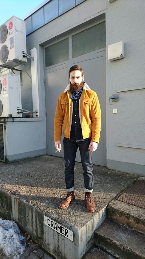 Rugged Stark - Levis Outfit, Beard, Red Wing Iron Ranger Amber Harness, Denim, RRL, Trucker Jacket, Rugged - Daniel Stark Red Wings Iron Ranger Outfit, Red Wing Iron Ranger Outfit, Redwing Iron Ranger Outfits, Iron Ranger Boots Outfit, Iron Ranger Outfit, Red Wings Boots Outfit, Red Wing Outfit, Ranger Outfit, Lumberjack Outfit