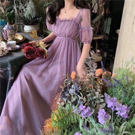 Yuxi - Square-Neck Elbow-Sleeve Maxi A-Line Mesh Dress Purple Cottagecore Dress, Cottagecore Bridesmaid Dress, Purple Tulle Dress, Purple Cottagecore, Dresses Cottagecore, Lilac Bridesmaid Dresses, Holiday Dresses Women, Aesthetic Dress, Aesthetic Outfit Ideas