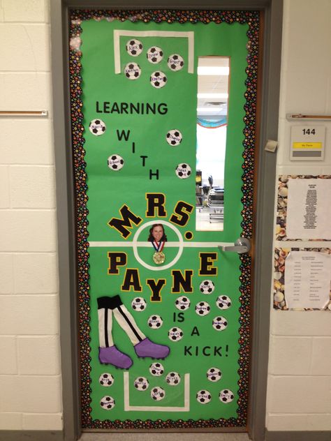 In honor of teacher appreciation I decorated my son's teacher's classroom door in what she loves - soccer! Football Classroom Door, Soccer Decorations, Sports Vbs, Principal Ideas, Classroom Door Decorations, Teacher Door Decorations, Star Door, Classroom Door Displays, Sports Classroom