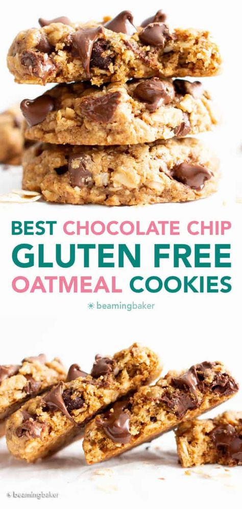 The BEST Gluten Free Oatmeal Chocolate Chip Cookies - Beaming Baker Gluten Free Oatmeal Chocolate Chip Cookies, Healthy Peanut Butter Oatmeal Cookies, Gluten Free Oatmeal Cookies, Oatmeal Chocolate Chip Cookie Recipe, Healthy Oatmeal Cookies, Almond Flour Cookies, Gluten Free Oatmeal, Peanut Butter Oatmeal Cookies, Gluten Free Chocolate Chip