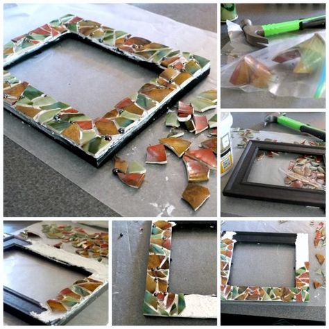 DIY Mosaic Picture Frame | Now you know what to make from your favorite broken dishes or items. See full tutorial on TodaysCreativeLife.com Dollar Tree Mosaic Tiles, Glass Mosaic Picture Frame, Broken Glass Crafts, Mosaic Mirror Frame, Mosaic Mirrors, Picture Frame Crafts, Diy Mosaic, Glass Picture Frames, Mosaic Frame