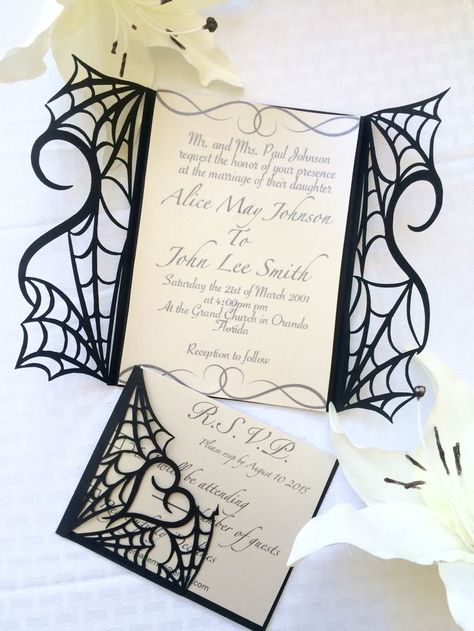 Gothic halloween wedding party invitation set on etsy - would make great invites for spiderman themed wedding too - Visit to grab an amazing super hero ... Gothic Masquerade Wedding, Spiderman Wedding Decor, Goth Proposal Ideas, Gothic Wedding Seating Chart, Gothic Fantasy Wedding, Diy Gothic Wedding Decor, Spiderman Wedding Theme, Halloween Wedding Ideas Classy, Gothic Treats