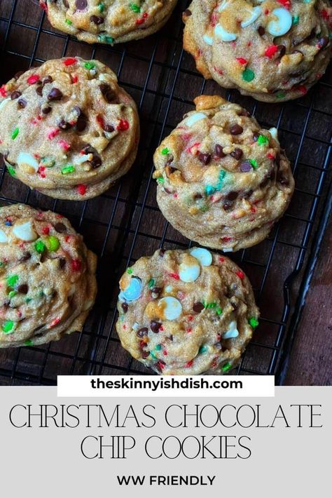 These Christmas Chocolate Chip Cookies are the best chocolate chip cookies ever with a Christmas twist! Chocolate Chip And Sprinkle Cookies, Christmas Chocolate Chip Sprinkle Butter Cookies, Santa Chocolate Chip Cookies, Fun Holiday Traditions, Chocolate Chip Holiday Cookies, Easy Work Appetizers, Christmas Cookies Made With Pretzels, Festive Chocolate Chip Cookies, Christmas Chip Cookies