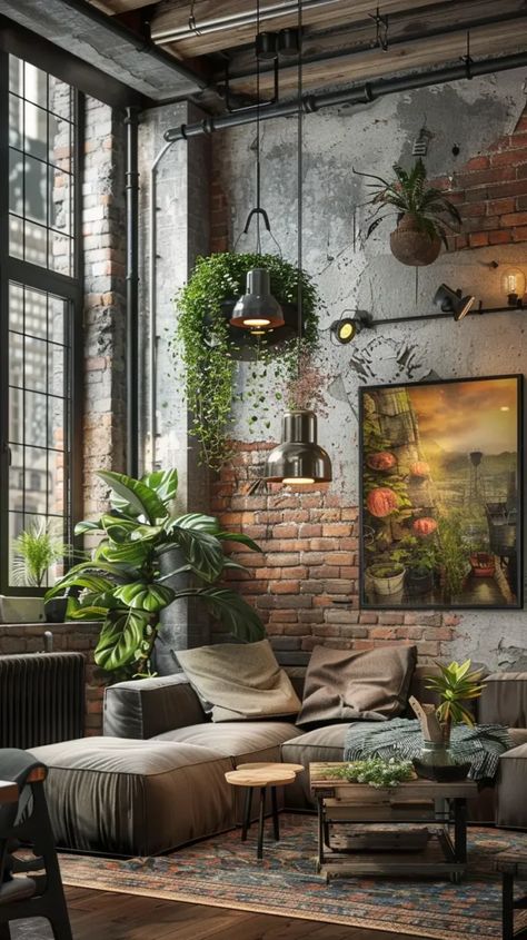 Discover how to create an industrial living room with exposed structures, neutral colors, and practical furniture. Cozy Industrial Living Room, Estilo Industrial Chic, Industrial Style Living Room, Living Room Industrial, Industrial Living Room, Industrial Room, Practical Furniture, Industrial Style Interior, Brick Interior