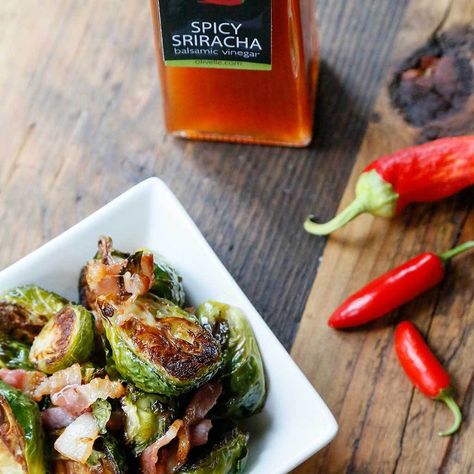 Bacon Sriracha Roasted Brussels Sprouts Olivelle Recipes, Roasted Brussel Sprouts Recipe, Brussel Sprout Recipes Roasted, Sprouts Recipe, Bacon Brussel Sprouts, White Balsamic Vinegar, Roasted Brussel, Pickled Veggies, Brussels Sprouts Recipe