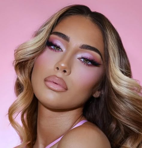 Soft Glam Makeup Pink Lip, Hot Pink Smokey Eye Makeup, Formal Makeup Looks Full Glam, Monochromatic Pink Makeup, Purple Blush On Brown Skin, Pink Makeup With Pearls, Pink Eye Looks Eyeshadows, Pink Heart Makeup Look, Pink Holiday Makeup