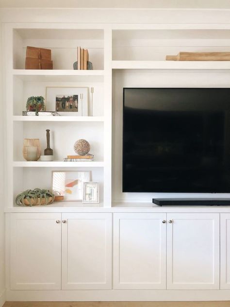 Tv Cabinet With Shelves, Bookshelf Tv Console, Living Room Units Built Ins, Built In Tv Storage, Small Wall Built Ins, Partial Wall Built Ins, Lounge Room Shelving Ideas, Built In Bookshelves Living Room With Tv, White Entertainment Center Living Room