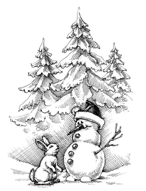 Christmas Landscape Drawing, Christmas Gifts Drawing, Landscape Drawing Ideas, Postcards Inspiration, Gifts Drawing, Mountain Sketch, Christmas Face Painting, Snowman Coloring Pages, Winter Drawings