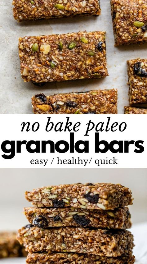 These soft and chewy Paleo Granola Bars are a healthy and no-bake snack! Made from scratch with grain free, dairy free, and refined sugar free ingredients, they’re a perfect midday pick-me-up and come in handy when you’re craving a sweet and nutty treat. Sugar Free Granola Bars, Paleo Granola Bars, Homemade Granola Bars Healthy, Easy Granola Bars, Vegan Detox, Gf Cookies, Paleo Granola, No Bake Granola Bars, Healthy Granola Bars