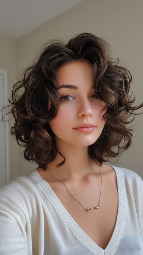 NEW HAIR STYL🤭 Curly Layers Short Hair, Collar Length Curly Hair, Shoulder Length Curly Hair With Curtain Bangs And Layers, Layered Shoulder Length Hair Curly, Medium Curly Layered Hair, Short Wavy Colored Hair, Hairstyles For Short Hair Layers, Hair Style For Oval Shape Girl, Oval Face Bangs Short Hair