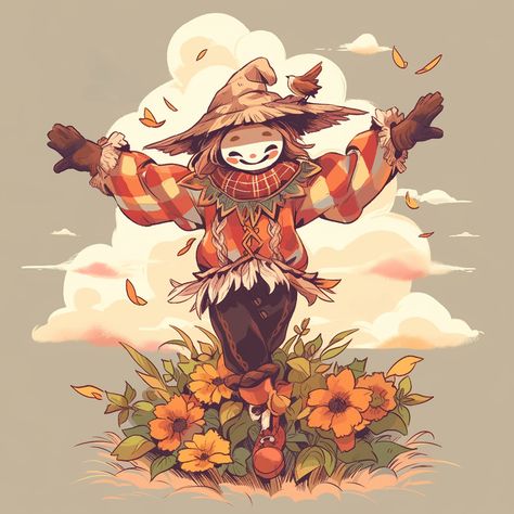 🌻 A smiling fall scarecrow surrounded by flowers against a serene white cloud backdrop.    The character mentioned in this story is available in a variety of items currently available in my InkedBeasts RedBubble shop. See Link in bio for details! #FallScarecrow #SereneBackdrop #FlowerSurroundings Scarecrow Character Design, Fall Concept Art, Scarecrow Aesthetic, Scarecrow Cute, Scarecrow Illustration, Scarecrow Drawing, Fall Sketches, Cloud Backdrop, Scarecrow Character