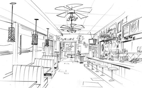 Room Drawing Reference Photo, Interior Design References, Cafe Design Drawing, Cafe Perspective, Cafe Concept Art, Cafe Drawings, Scenes To Draw, Cafe Reference, Room Perspective