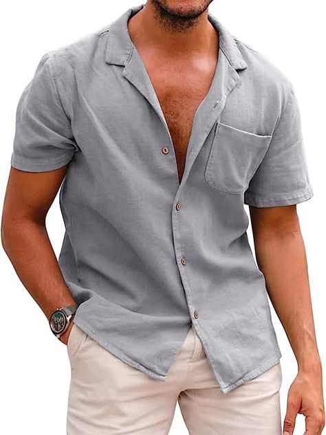 Mens Tops Casual, Hawaiian Fashion, Man Weave, Blue Khakis, Beach Shirts, Blouse Vintage, Primavera Estate, Linen Shirt, Cotton Shorts