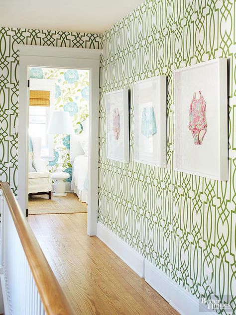 . Burger Design, Hall Wallpaper, Hallway Wallpaper, Budget Remodel, Sunshine Beach, Trellis Wallpaper, Small Hallways, Weekend Projects, Entry Hall