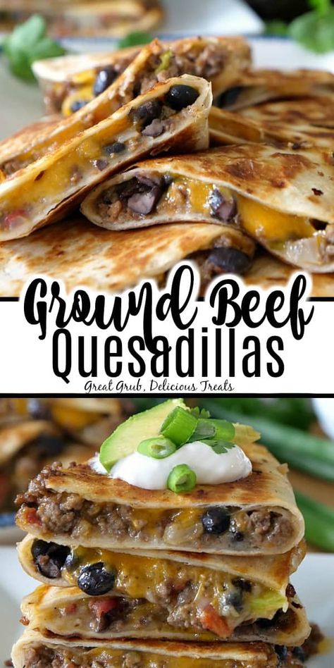 Ground Beef Quesadillas are an easy and delicious quesadilla recipe loaded with seasoned ground beef, two types of cheese, black beans and more. Quesadilla Recipes Beef, Ground Beef Quesadillas, Quesadilla Recipes Easy, Beef Quesadillas, Seasoned Ground Beef, Quesadilla Recipe, Ground Beef Recipes Healthy, Diner Recept, Quesadilla Recipes