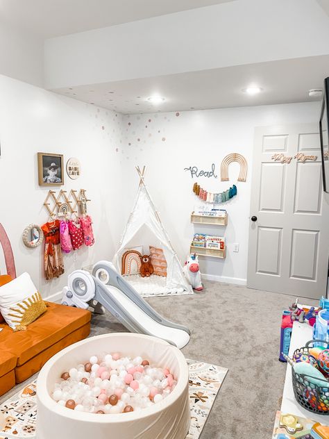 Boho Babe Cave, Colorful Boho Playroom, Cool Playroom Ideas Luxe, Playroom For One Year Old, Basement Family Room Playroom, Playroom Doll Area, Boho Playroom Decor, Modern Boho Playroom, Affordable Playroom Ideas