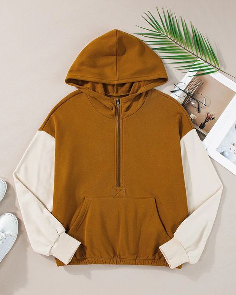 Contrast Half Zip Long Sleeve Sweatshirt Hoodie. #fyp #fashion #fallfashiontrends #trendingfallfashion #sweaterweather Color Castaño, Georgia Fashion, Half Zip Long Sleeve, Travel Size Beauty Products, Contrast Hoodie, Chestnut Color, Kangaroo Pocket Hoodie, Maxi Dress Formal, One Piece Swim