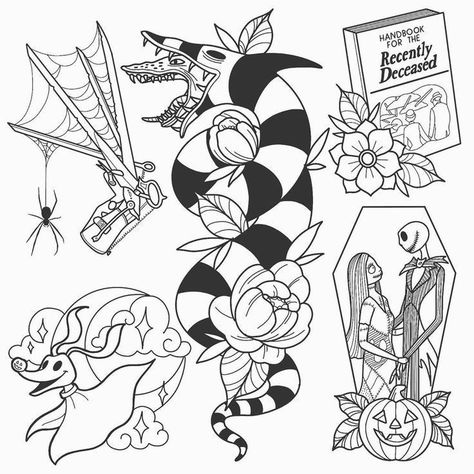 Tim Burton Flash Art, Tim Burton Flash Sheet, Floral Tattoo Styles, Spooky Bouquet Tattoo, Ren Faire Tattoo, Halloween Tattoo Designs Drawings, Bettle Juice Tattoo Tim Burton, Horror Tattoo Stencil Outline, Tim Burton Tattoo Designs