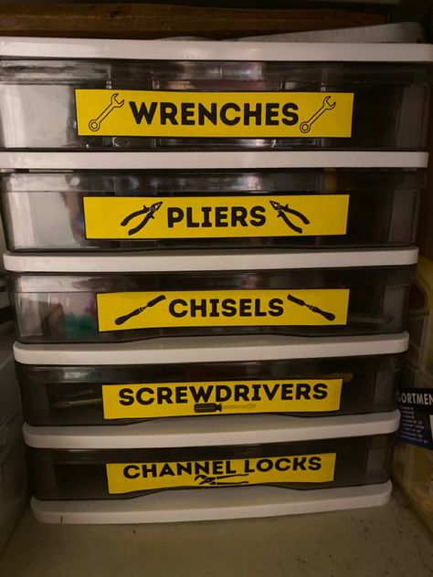 Bin from amazon, labels home made Tool Shed Organization, Tool Shed Organizing, Garage Organizing, Organization Labels, Garage Organization Tips, Storage Shed Organization, Garage Workshop Organization, Shed Organization, Tool Shed