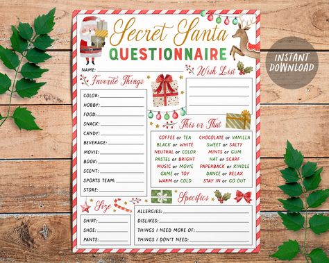 Gift Exchange Questionnaire, Gift Exchange Form, Wishlist Printable, Santa Questionnaire, Vanilla Drinks, Secret Santa Questionnaire, Secret Santa Gift Exchange, Elves Gift, Christmas Gift Exchange